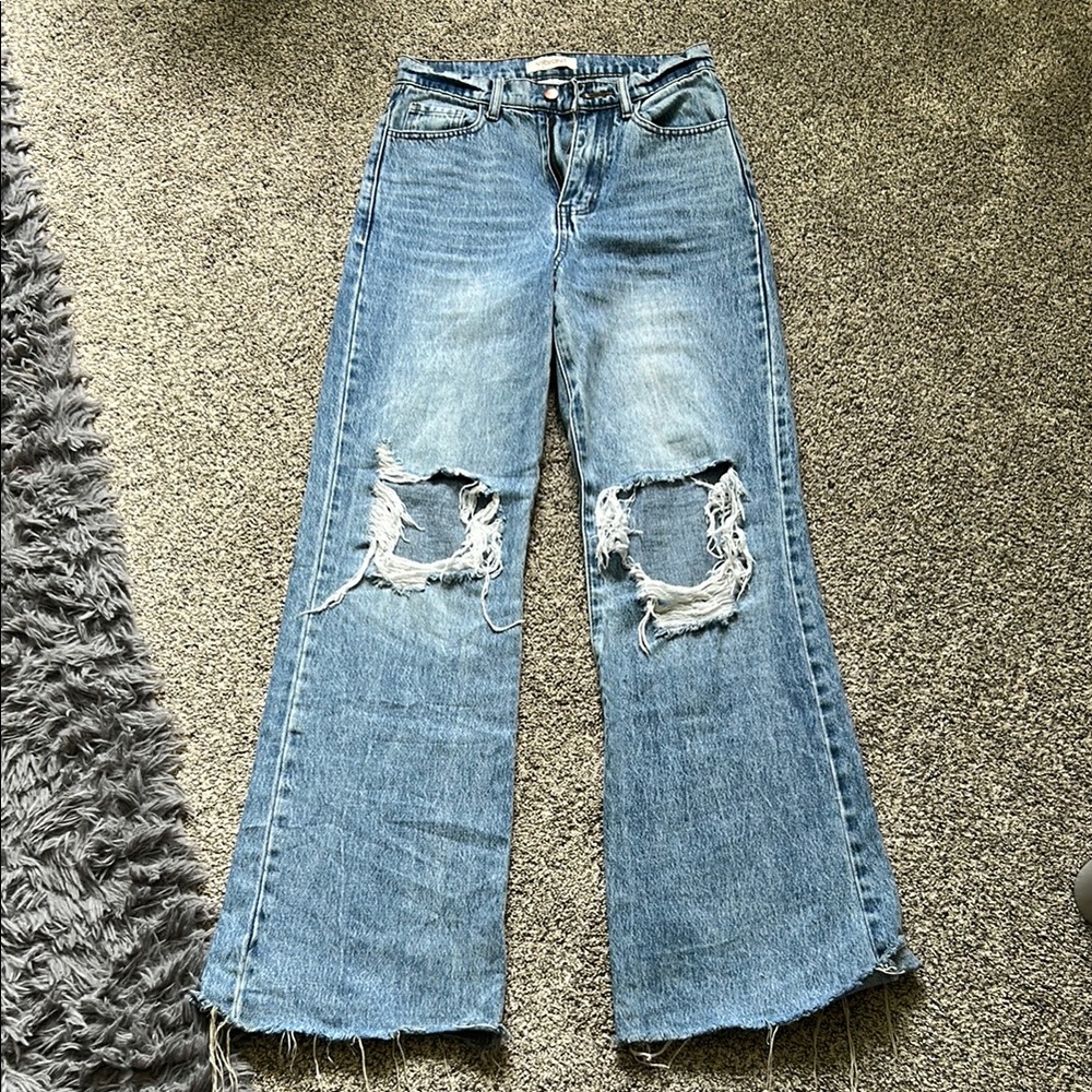 Distressed Blue Women's high rise wide leg Jeans